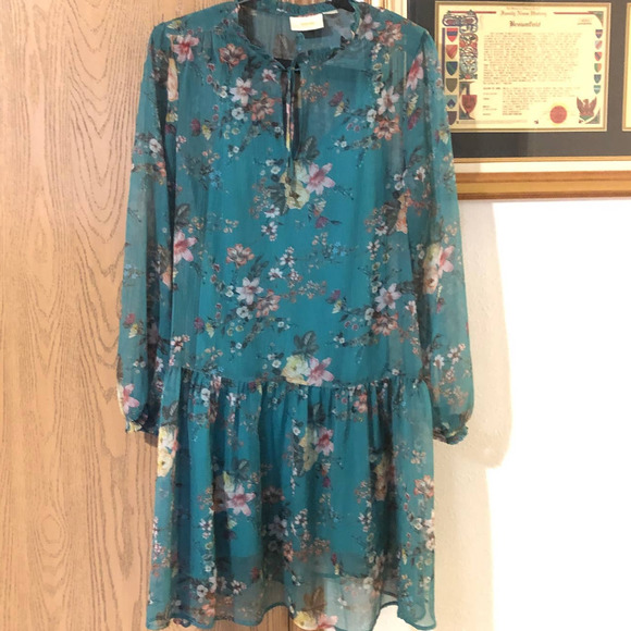 Maeve Anthropologie Large Sheer Floral Turquoise Blue Dress Drop Waist Ruffle - Picture 7 of 9